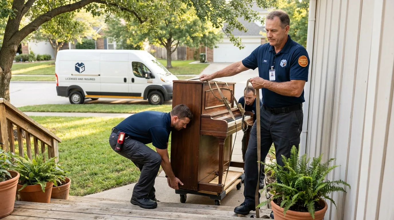 Licensed piano movers securing grand piano in Surry, VA