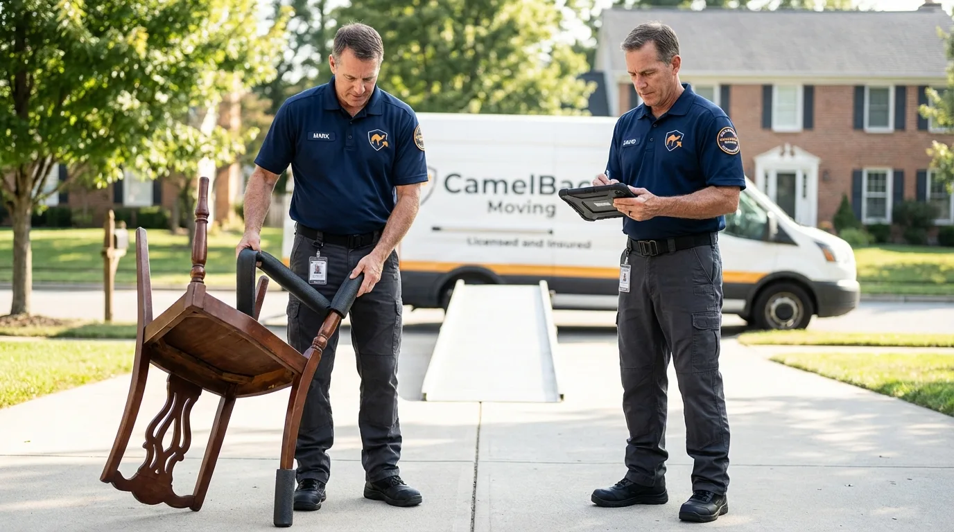 Movers inspecting furniture for damage prevention before loading in Surry, VA