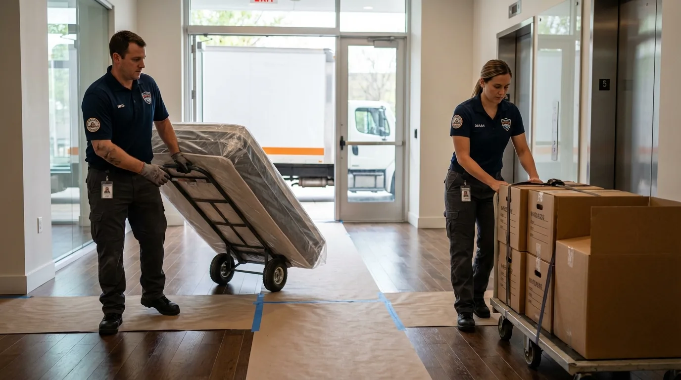 Professional apartment movers loading elevator in Surry, VA